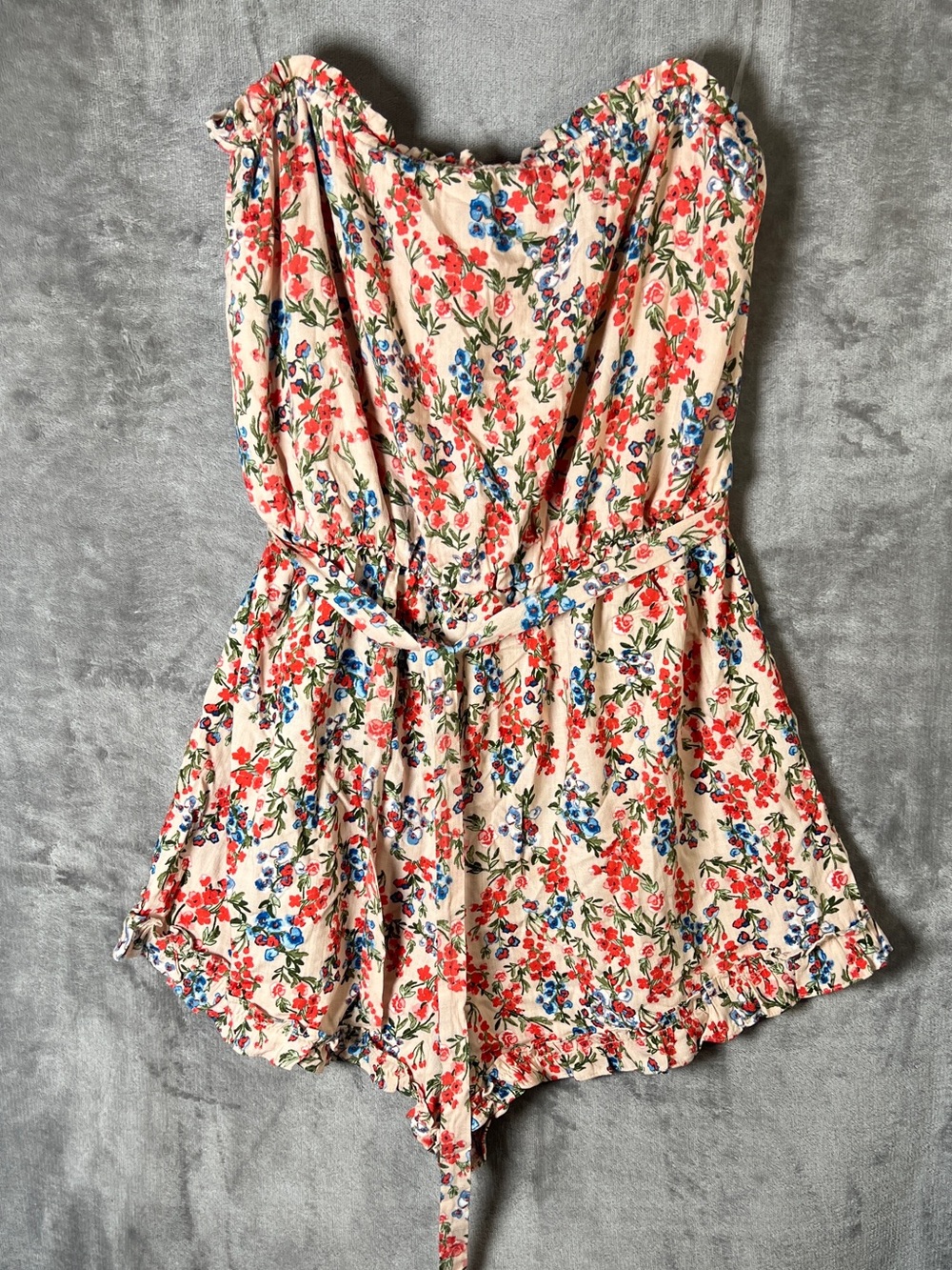 Crystal Doll Strapless Floral Romper in Cream with Red & Blue Flowers